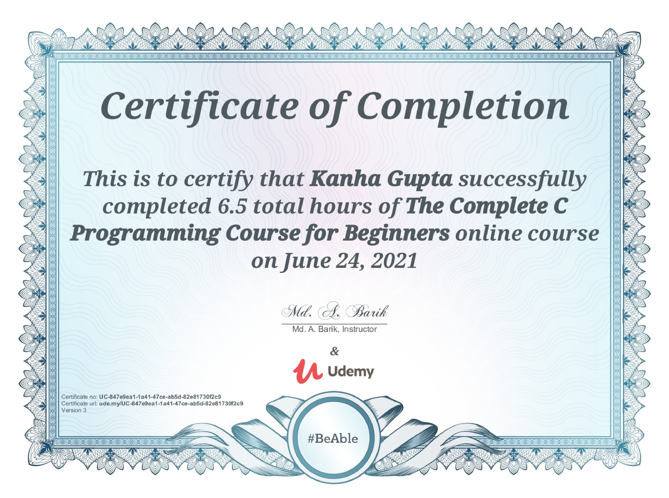 Complete C Programming Course, Md. A. Barik (Instructor), UDEMY