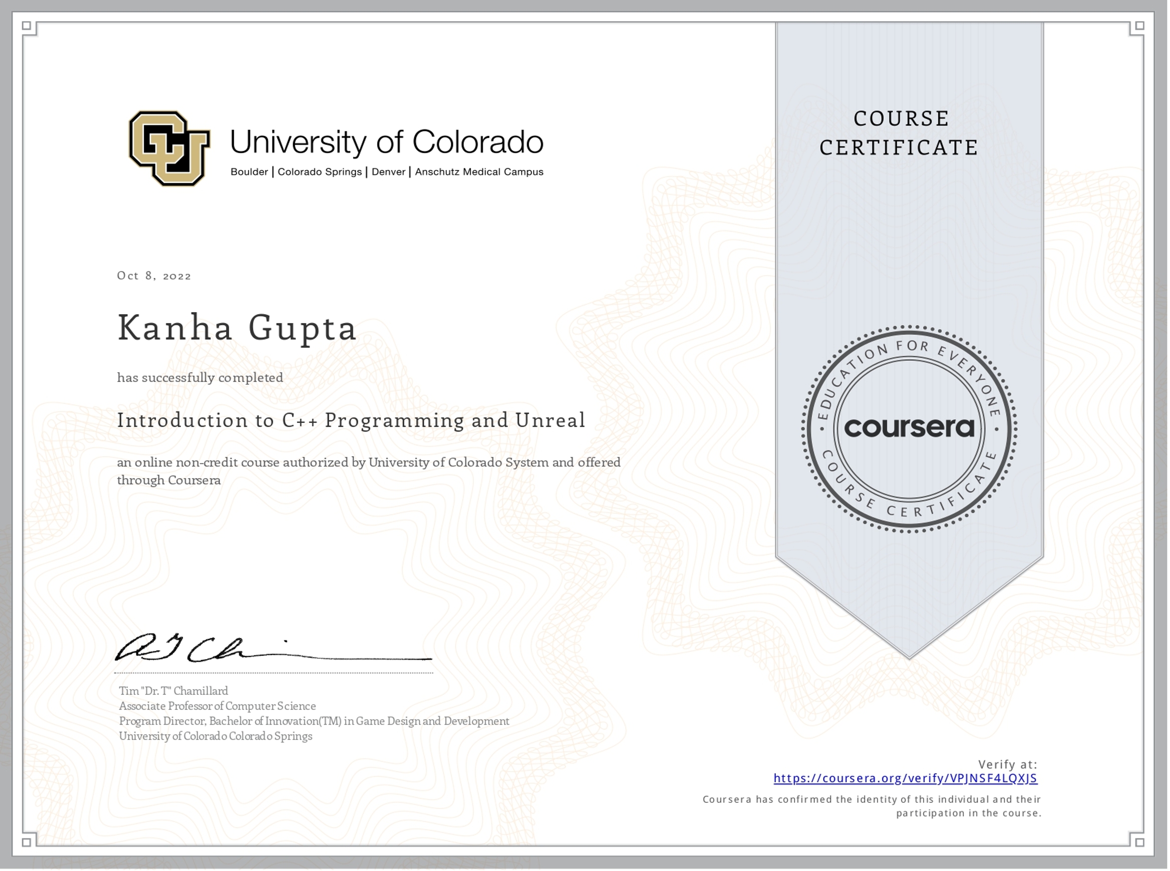Introduction to C++ Programming and Unreal, Authorized By University Of Colorado & Offered Through Coursera