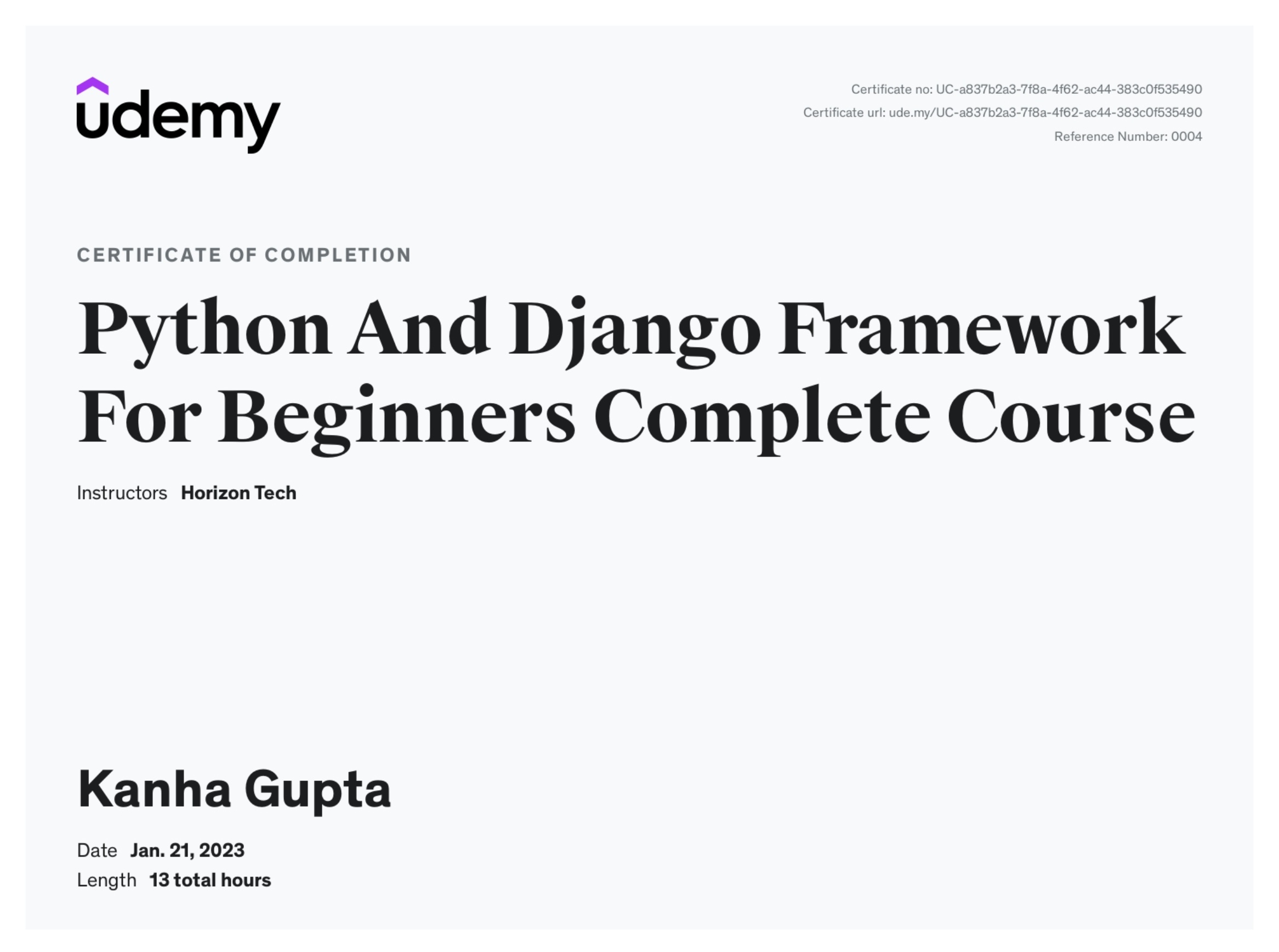 Python & Django Framework For Beginners, Horizon Tech, UDEMY