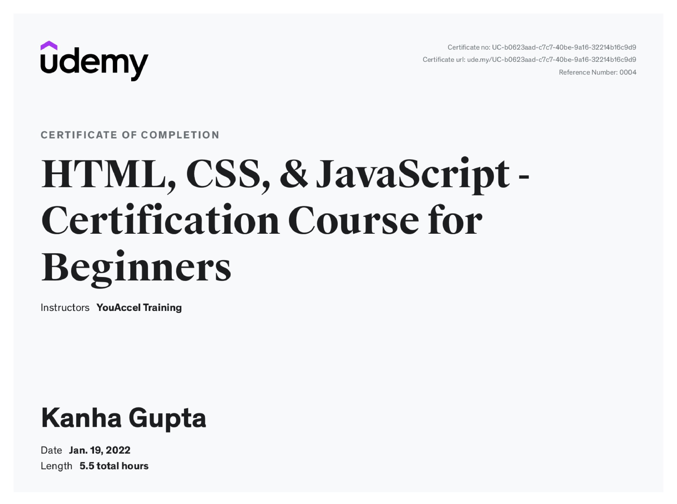 HTML, CSS, & Javascript, YouAccel Training, UDEMY