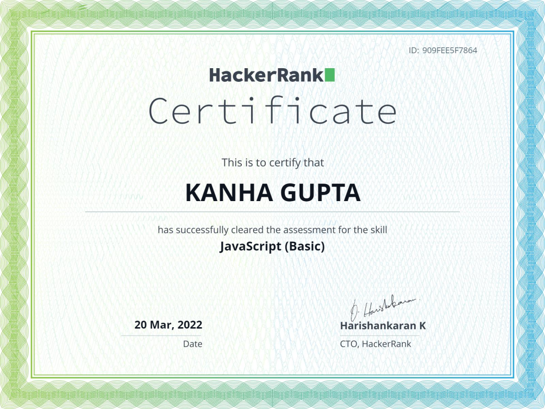 JavaScript (Basic) Assessment Certificate, HackerRank
