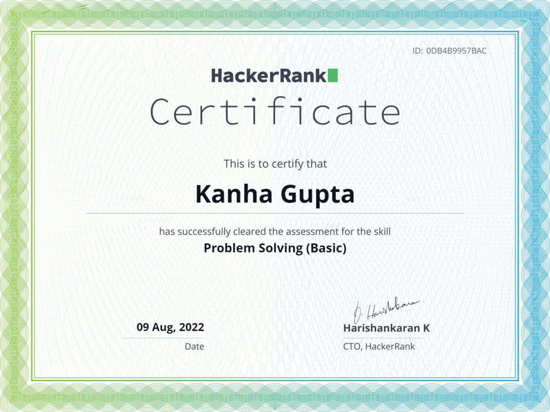 Problem Solving (Basic) Assessment Certificate, HackerRank