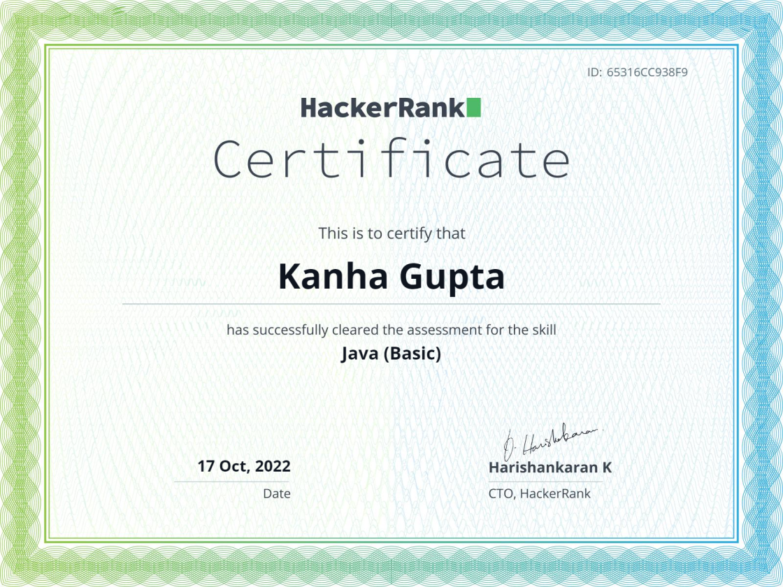 Java (Basic) Assessment Certificate, HackerRank