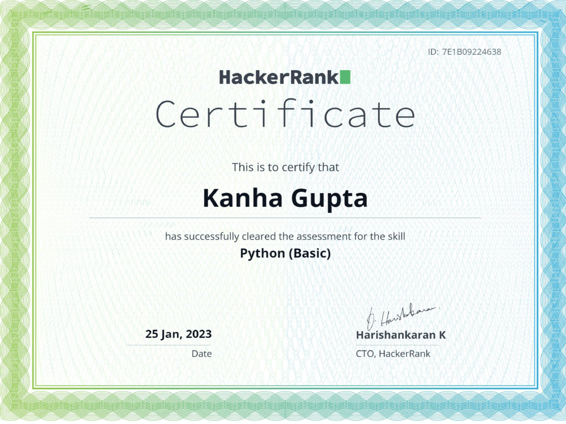 Python (Basic) Assessment Certificate, HackerRank
