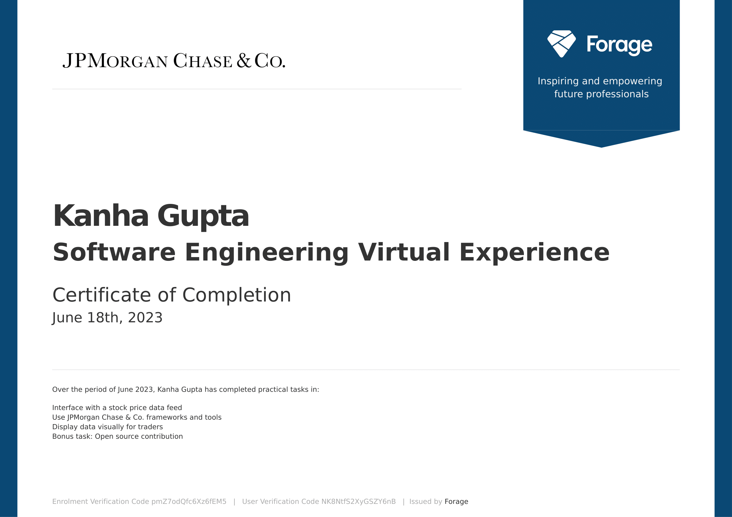 Software Engineering Virtual Experience, J.P. Morgan Chase & Co. (Issued By Forage)