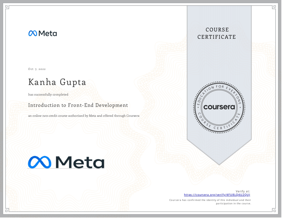 Introduction to Front-End Development, Authorized By Meta & Offered Through Coursera