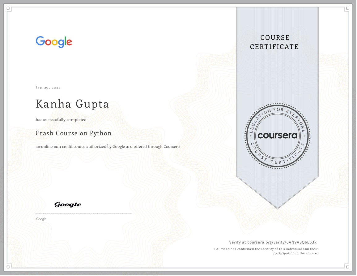 Python Crash Course, Authorized By Google & Offered Through Coursera