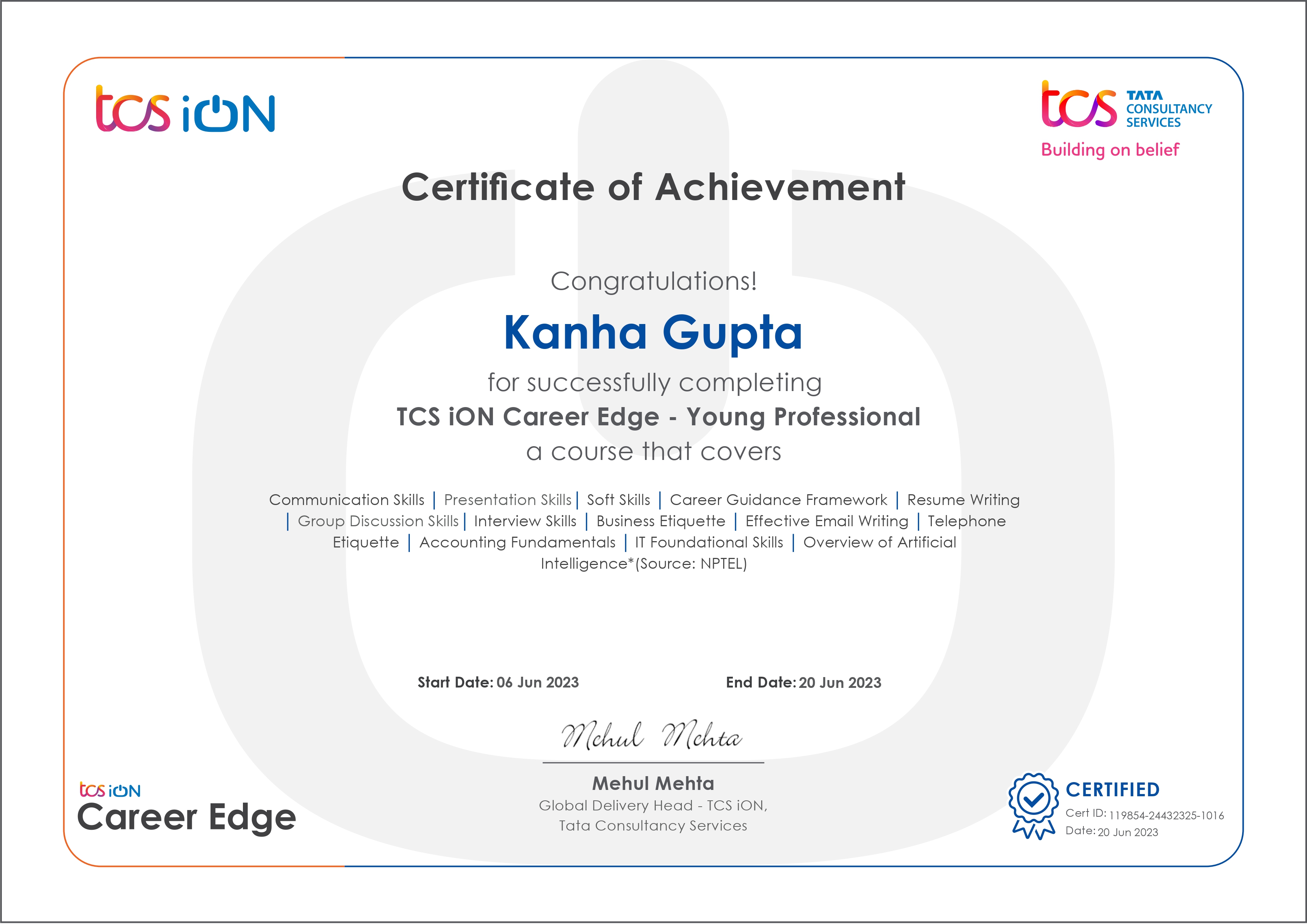 Young Professional Course Certificate, TCS iON Career Edge