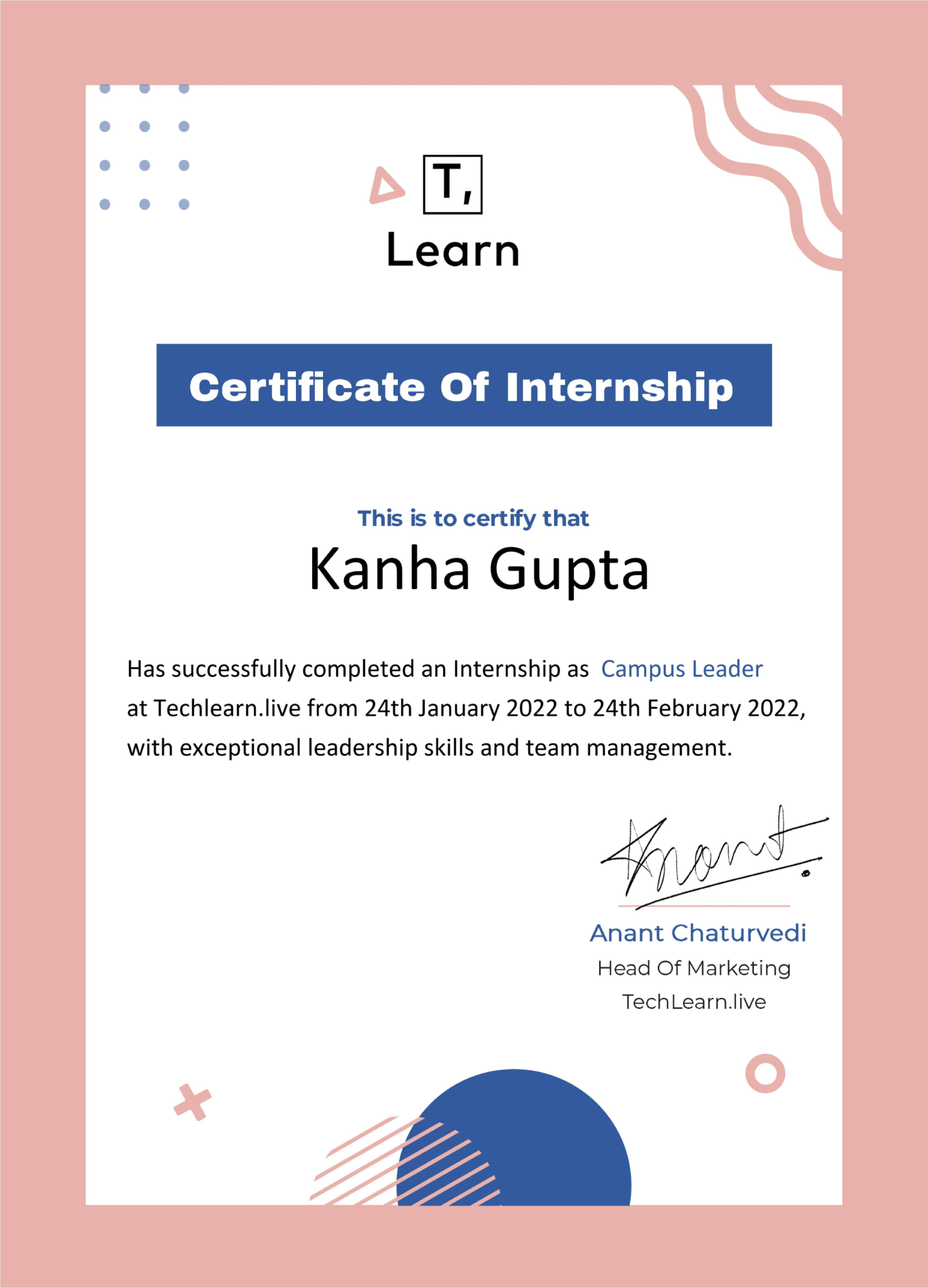 Campus Leader's Internship Certificate, TechLearn